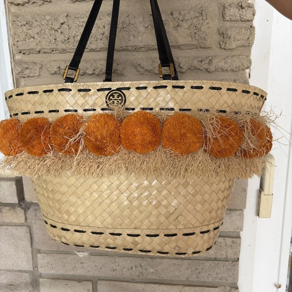 Tory Burch Pom Pom Beach Basket Bag Women's Straw Lined Tote (ESHLF)